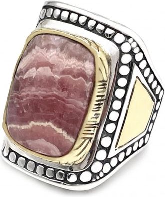 Jalan Jalan Rhodochrosite Zilveren Ring met Messing Zetting - unisex - Ringen - Beige - 58 MM - Leer - Accessoires