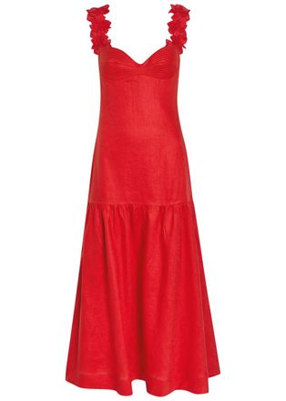 Andres Otalora Ser Arte Floral-appliqu&eacute;d Linen Midi Dress - Red - 0 (UK4 / Xxs)