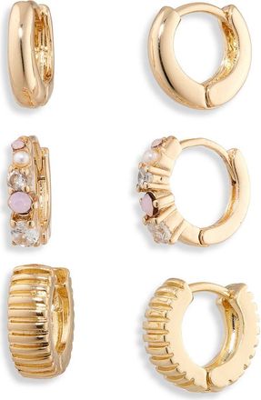 Nordstrom Rack 3-Pack Assorted Huggie Hoop Earrings in White- Blush- Gold at Nordstrom Rack