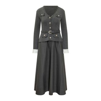 Self Portrait Knit Twill Midi Dress - female - Self Portrait - Midi Dresses - Gray - XS - Dresses