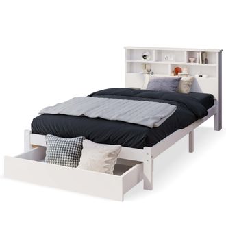 STILVORA Cama Con Caj&oacute;n 90 X 200 Cm De Madera Maciza, Cama Individual Con Caj&oacute;n Ajustable, 6 Compartimentos, Sin Colch&oacute;n, Blanco