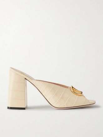 Valentino Garavani Mule In Pelle Effetto Coccodrillo Con Decorazione Vlogo - Crema