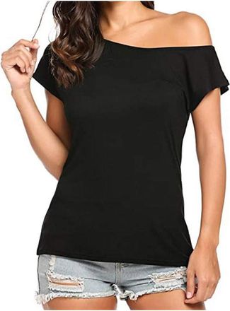 Generic Womens Off Shoulder Tops Workout One Shoulder Top Solid Color Going Out Shirts Casual Batwing Sleeve One-Shoulder Blouses Fashion Versatile Summer T-S