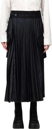 sacai Rokken, Dames, Zwart, M, Leer, Geplooide midi-rok met zakken