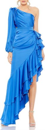 Mac Duggal One Sleeve Cut Out Asymmetrical Ruffled Gown in Cobalt at Nordstrom, Size 2