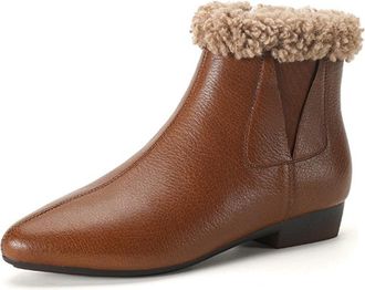 Generic Womens Ankle Boots Faux Shearling Lined PU Leather Pointed Toe Low Block Heels Side Zipper Warm Fluffy Collar Elastic Panel Comfortable Non-Slip Durab