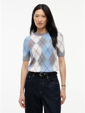 Tommy Hilfiger Womens Short-Sleeve Argyle Crewneck Sweater - Blue/Grey Argyle - XL
