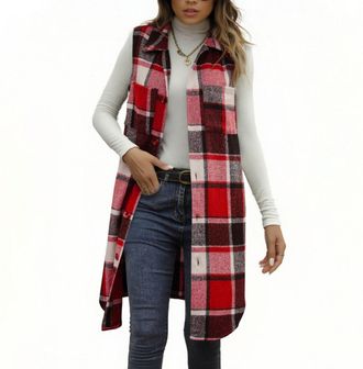 Generic Keepink Ladies Tweed Waistcoat Flannel Plaid Gilet Collared Button Front Vest Tops Checkered Sleeveless Jackets Long Outerwear with Pocket Elegant Sha