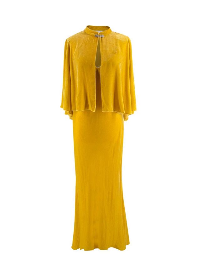 Crystal Embellished Yellow Velvet Gown & Cape Size S