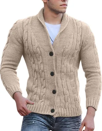 Generic Mens Knitted Cardigan Cable Knit Button Up Sweater Stand up Collar V Neck Knitwear Thick Fleece Outerwear Classic Casual Stylish Sweaters Slim Fit Str
