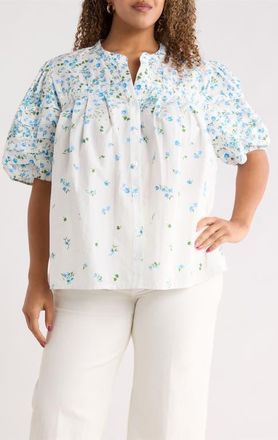 Sugarlips Miley Floral Court Button Up Shirt in White Blues at Nordstrom, Size 3 X