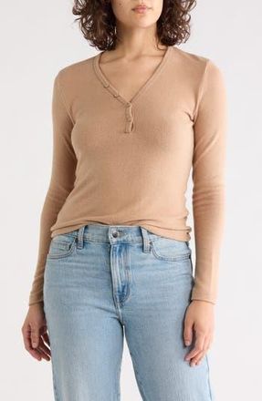 Renee C V-Neck Long Sleeve Crop Henley Top in Dark Khaki at Nordstrom Rack, Size X-Small