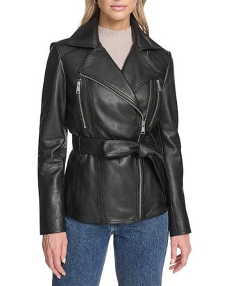 Andrew Marc Leather Belted Moto Jacket