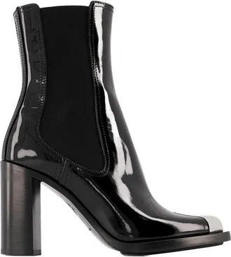 Alexander McQueen Womens Patent Leather Chunky Heel Boot Black