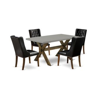 East West Furniture 5-Piece Kitchen Table Set consists of 4 Black Pu Leather Parson Dining Chairs Button Tufted with Nailheads and Cement Wooden Dining Table