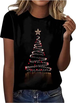 Generic Christmas T Shirts for Women UK Ladies Christmas Tops Short Sleeves Tops Women Snowflake Print Women T-Shirts Casual Tunic Tops Loose Crewneck Xmas Tr
