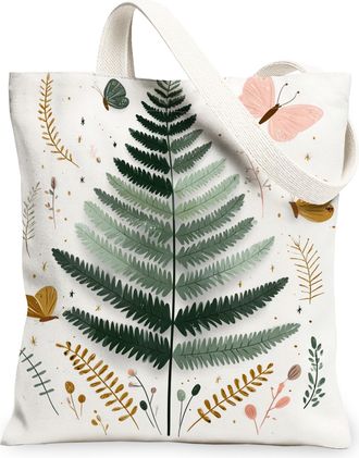 Generic Botanical Canvas Tote Bags, Fern Design Lightweight Reusable Grocery Bags, Spring Eco-Friendly Shoulder Tote for Shopping B, White, 13x15 Inch