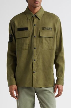 Balmain Small Logo Stamp Canvas Snap-Up Shirt in 7Cw Kaki at Nordstrom, Size 39