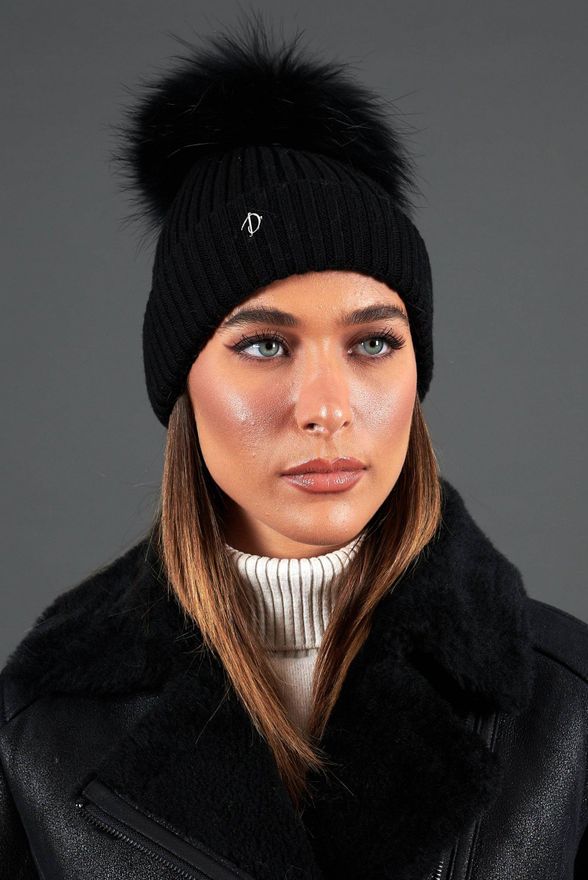 Cappello in lana nera con pompon in pelliccia nera DArienzo, Seleziona Taglia Unica, Colore Nero