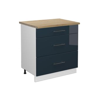 Vicco Mueble Bajo De Cocina Fame-line, Azul Oscuro Alto Brillo, 80 Cm Con 3 Cajones, Et Roble