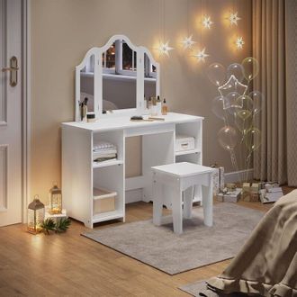 Woltu Kids Dressing Table & Stool, Vanity Set With Mirror & Storage, Kids Bedroom Furniture for Girls & Boys, White