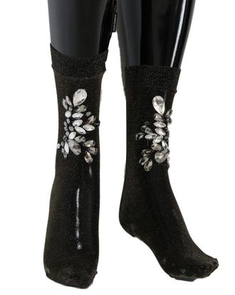 Dolce & Gabbana Black Stretch Floral Clear Crystal Womens Socks