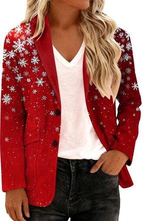 Generic Womens Ugly Xmas Blazer Lightweight Slim Fit Christmas Reindeer Snowflake One Button Suit Jacket Elegant Lapel Long Sleeve Cocktail Tuxedo Novelty Bus