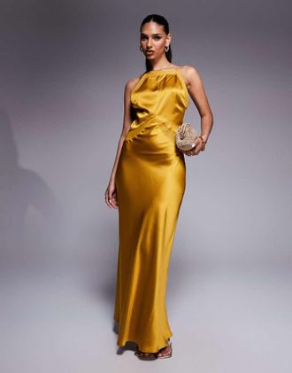 Asos Vestito lungo accollato in misto raso e chiffon oro con scollo squadrato alto