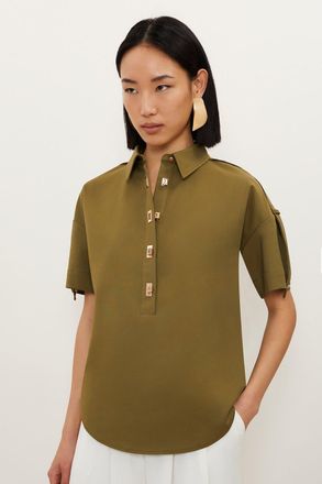 Karen Millen Womens Techno Cotton Woven Short Sleeve Hardwear Detail Shirt - Khaki - Size 6 UK