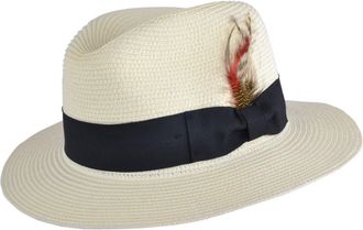Maz Accessoires Unisex Paper Straw Crushable Foldable Summer Panama Fedora HAT with Band and Adjustable Sweatband in 8 Colours (XLarge(61CM), Cream with Feather)