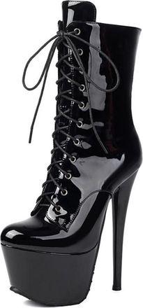 Generic Womens Stiletto High Heel Short Boots Lace Up Punk Booties with Side Zipper Patent Leather Platform Ankle Boots for Night Out & Catwalk,Patent Black,6