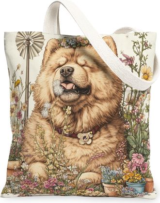 Generic Spring Chow Chow Dog Canvas Tote Bag for Shopping 13x15, Farmhouse Country Puppy Reusable Grocery Print Bag for Women, Farm Pet Beach Aesthetic Painti