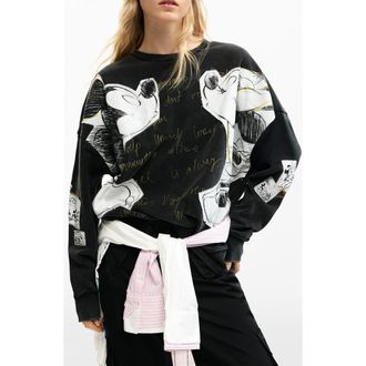Desigual Mickey & Minnie Mouse Patch Distressed French Terry Sweatshirt in Black at Nordstrom, Size Medium