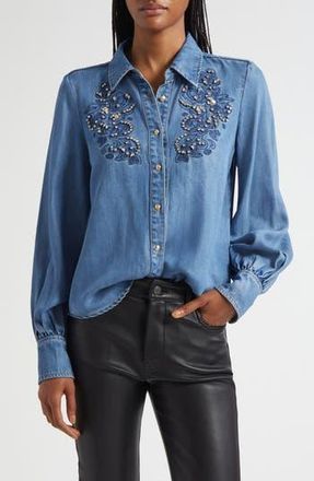Cinq &agrave; Sept Rhinestone Detail Denim Button-Up Shirt in Ciel at Nordstrom Rack, Size Medium