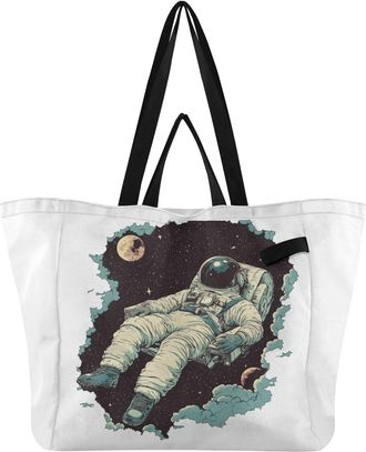 Generic Astronaut Moon Stars Teal print Reusable Canvas Tote Bag, Heavy Duty Grocery Shopping Bag with Hard Bottom Large Capacity Double Handles Work Grocerie
