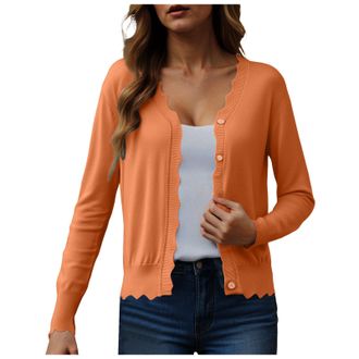 Generic Cardigan Buttons for Women UK v Neck Lightweight Tops Short Solid Color Thin Knitted Cardigan for Women Casual Shrugs Scalloped Edge Cardigans Orange