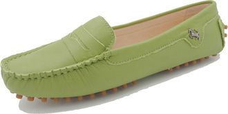 Minitoo Casual Shoes Womens Stripe Slip-on Olive Green Leather Penny Loafers Leisure Holidays Moccasins Boat Shoes UK 5.5