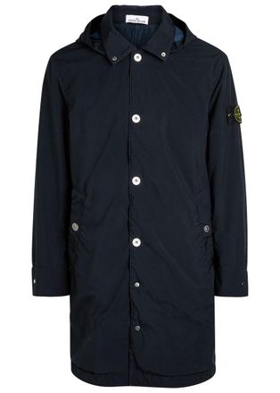 Stone Island Logo Hooded Shell Coat - Navy - XL
