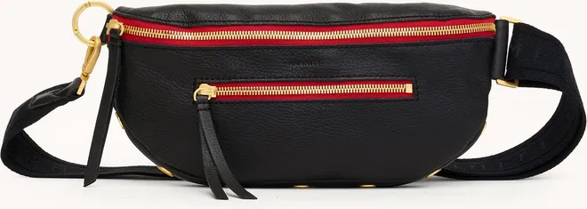 Hammitt Charles Crossbody Black Brushed Gold Red Zip