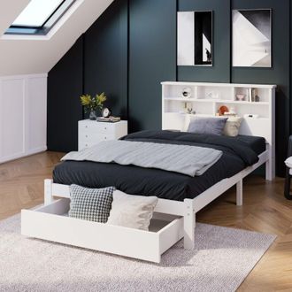 C&A White Wooden Storage Bed with Shelves and Underbed Drawer-3FT Single Frame(90x190cm) Only