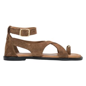 Estro & Luminara Velour Sandals with Gold Toe Ring - female - Estro - Flat Sandals - Beige - 3 UK - Shoes