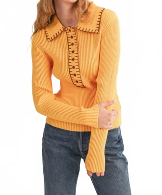 Merci Collared Ribbed Sweater With Contrast Stitch In Yellow Brown