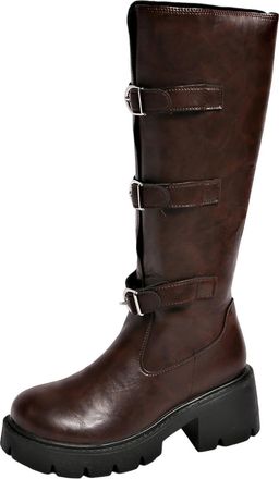 Generic Brown Ladies Thick Sole Multi Buckle Block Heel Long Boots for Fall and Winter Comfort Walking Footwear with Fashion Details