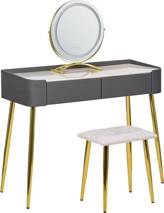 Beliani Tocador Led Gris Dorado Blanco 100 X 35 Cm Mdf 2 Cajones Espejo Taburete Surin