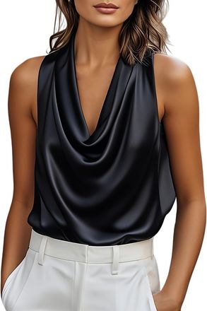 Generic Silk Camisoles for Women Cowl Neck Backless Sleeveless Halter Top Ladies Elegant Going Out Satin Cami Tank Shirt (Z03-Black, XL)
