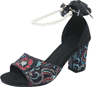 Generic Summer Sandals for Women Size 6 Ladies Embroidery Chunky Heel Buckle High Platform Fish Mouth 4 (Black, 5.5)