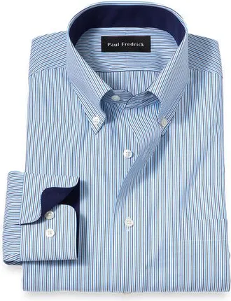 Paul Fredrick Cotton Buttondown Collar Broadcloth Slim Contrast Trim Button Cuff Long Sleeve in Blue at Nordstrom, Size 17 X 34