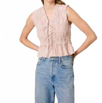 French Connection Rhodes Poplin Smocked Sleeveless Top In Petite Gingham