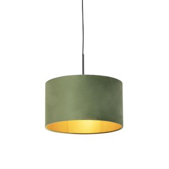 QAZQA R&uacute;stico L&aacute;mpara Colgante Con Pantalla De Terciopelo Verde Con Dorado 35 Cm - Combi Acero /textil Cil&iacute;ndra /alargada /redonda Adecuado Para Led Max. 1 