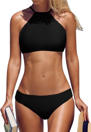 Charmleaks Ladies Hlater High Neck Bikini Set Cross Back Removal Padded Swimwear Black L